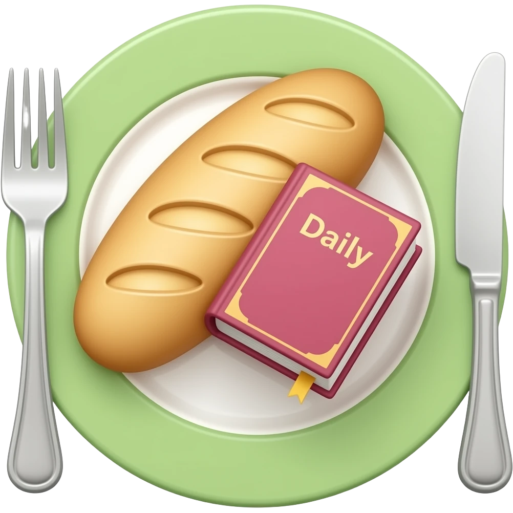 Make a plate of food, with cutlery beside it, and on top of the plate make a Bible. Daily bread, colour scheme green and pink emoji