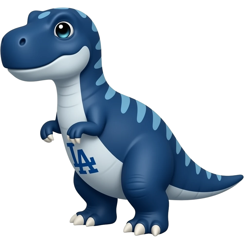 dodgers LA logo on his white belly deep blue dinosaur cute, and white nails, with black and white eyes sleepy emoji