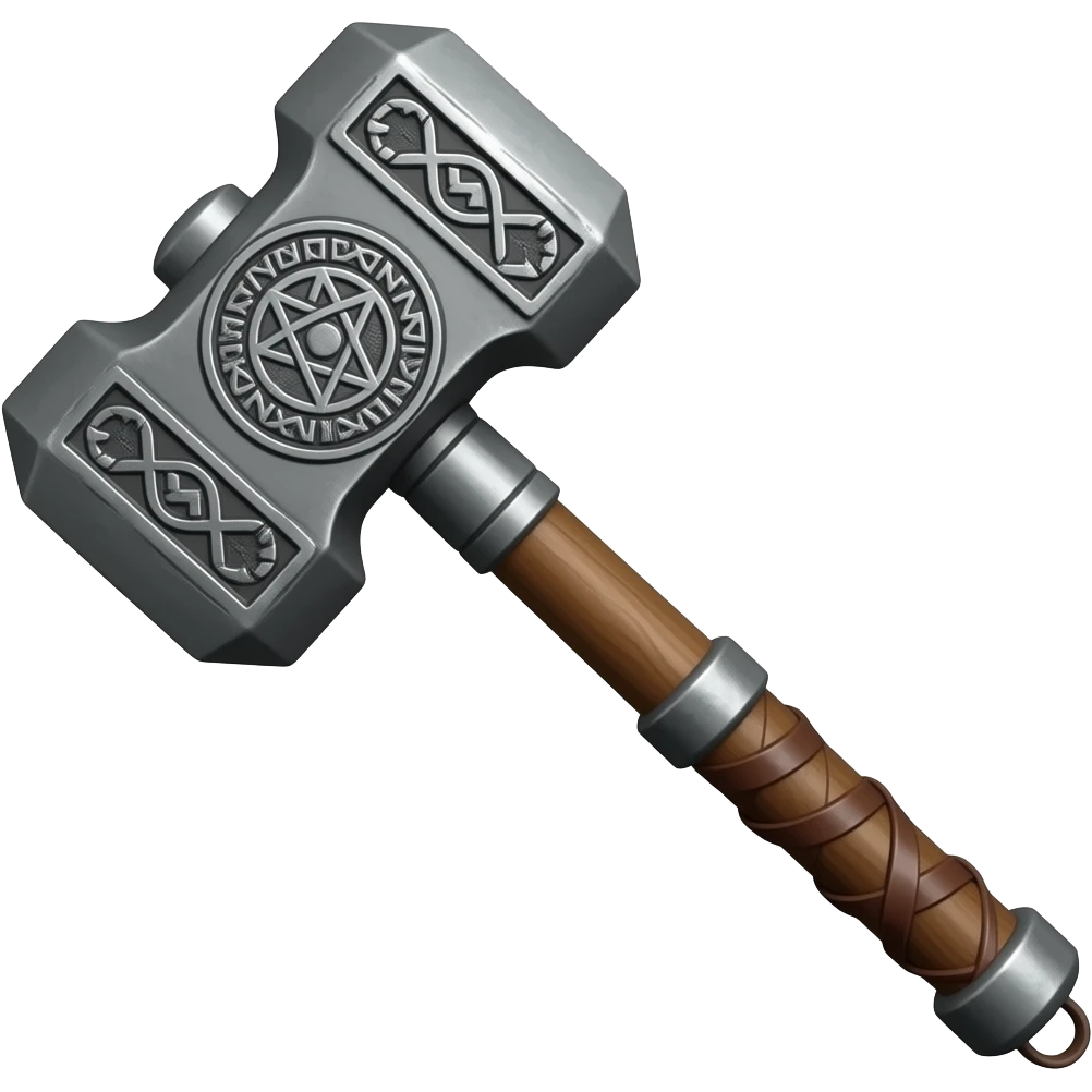 Thor's hammer, Mjolnir, Ornate war hammer with Norse designs engraved on the sides, wooden handle wrapped in leather straps emoji