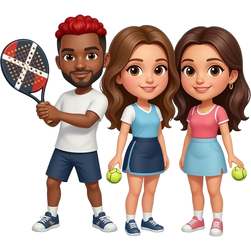 Un homme metiss redlocks qui joue avec deux femmes brunes bronzé  yeux marron au padel emoji