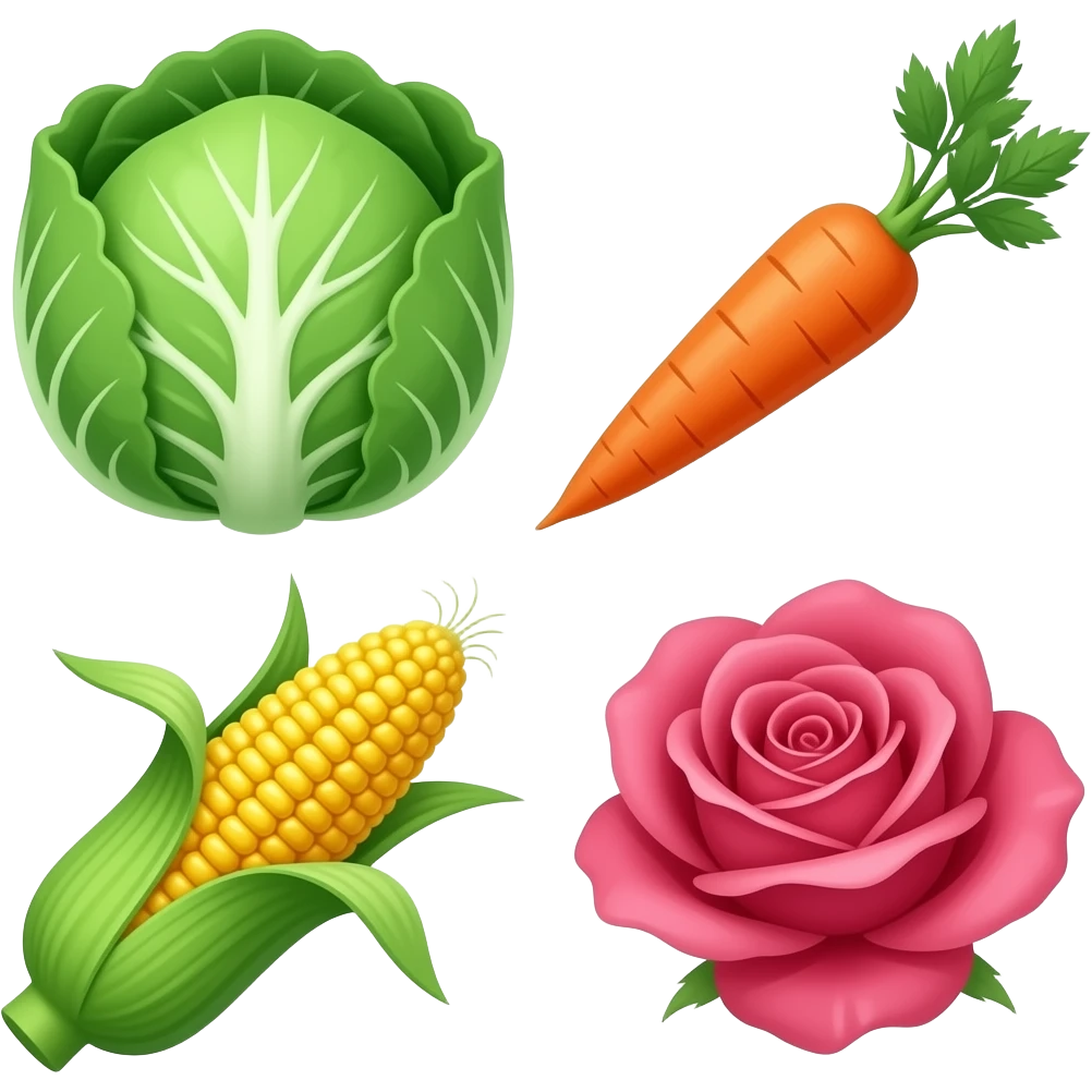 2x2 row of cabbage rosette, carrot with sprig, stalk of corn, and a ...