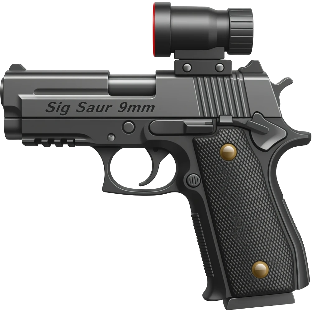 Make the sig saur 9mm pistol and add the name "Sig Saur 9mm" on the barrel . Make the name darker.   Make a red dot scope on the gun. emoji