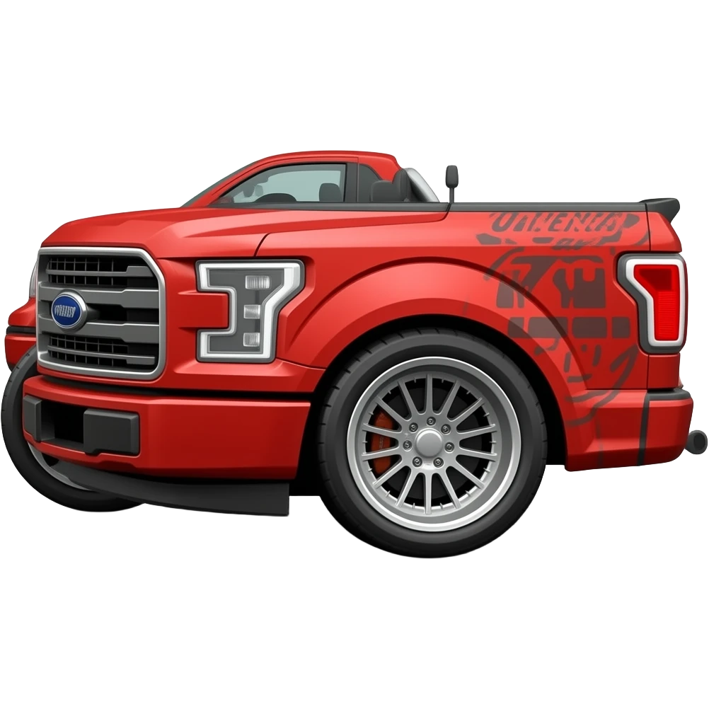 red ford f-150 with WIDE STANCED WHEELS SIDE VIEW with trailer attached towing a heavy load emoji