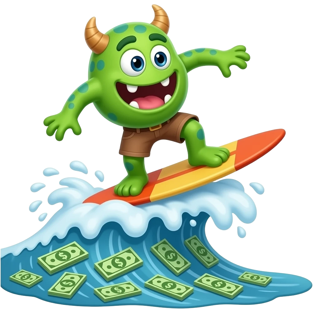 cartoon monster surfing up a wave of money emoji