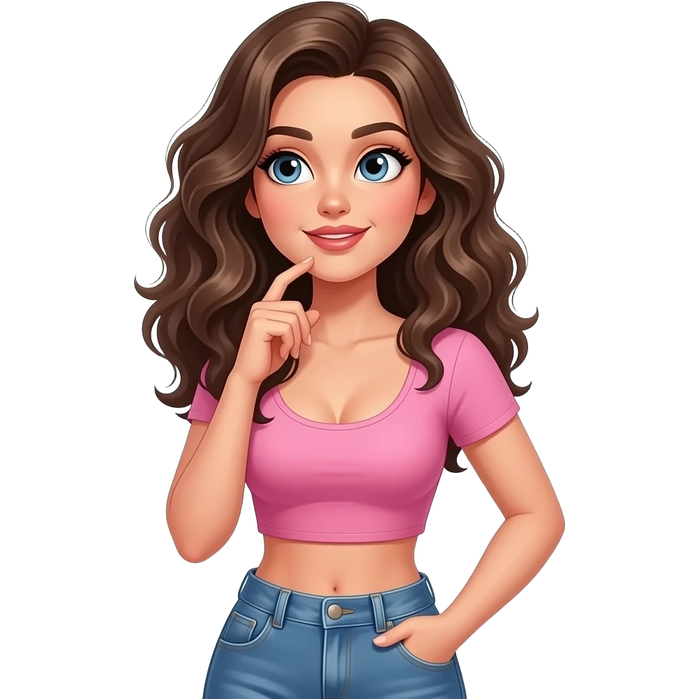 Woman thinking and looking up wearing pink crop top with jean pants. Dark eyes and dark blonde wavy fluffy hair. Very pretty and sexy and seducing eye look emoji