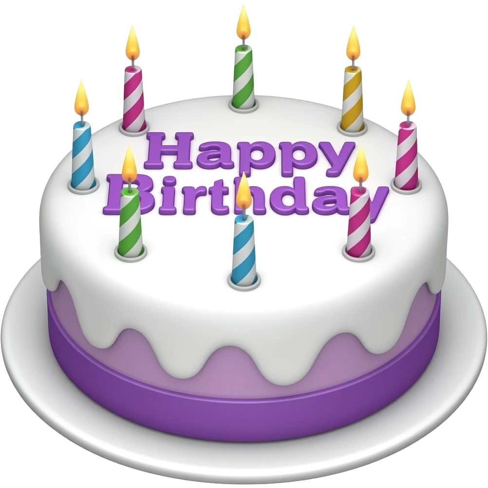 White birthday cake with happy birthday letters in purple emoji