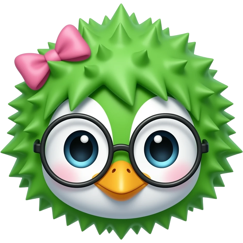 green spiky haired penguin with hairbow and glassess, just face emoji