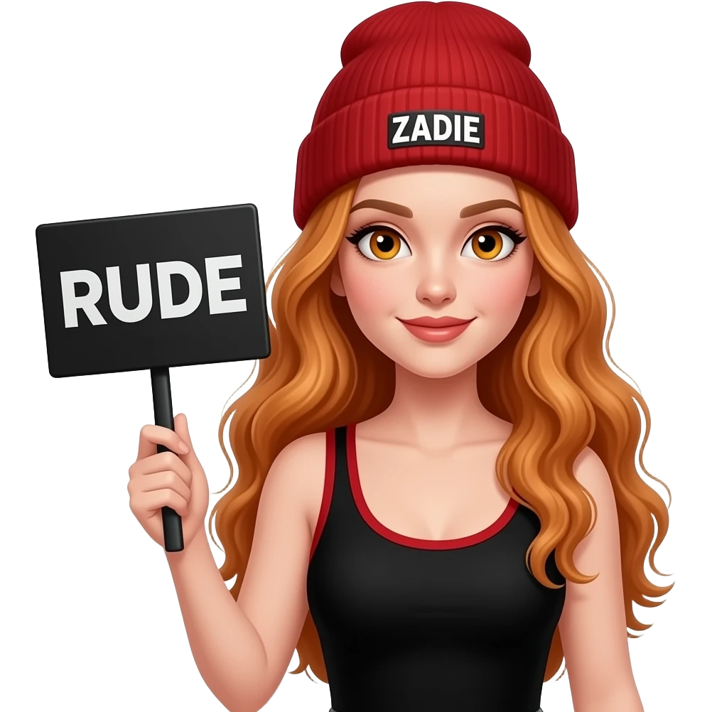 sexy girl with overlong wavy ginger hair and ginger eyes wearing a black red tanktop and a red beanie with ZADIE written on it, is holding a black sign with RUDE written on it emoji