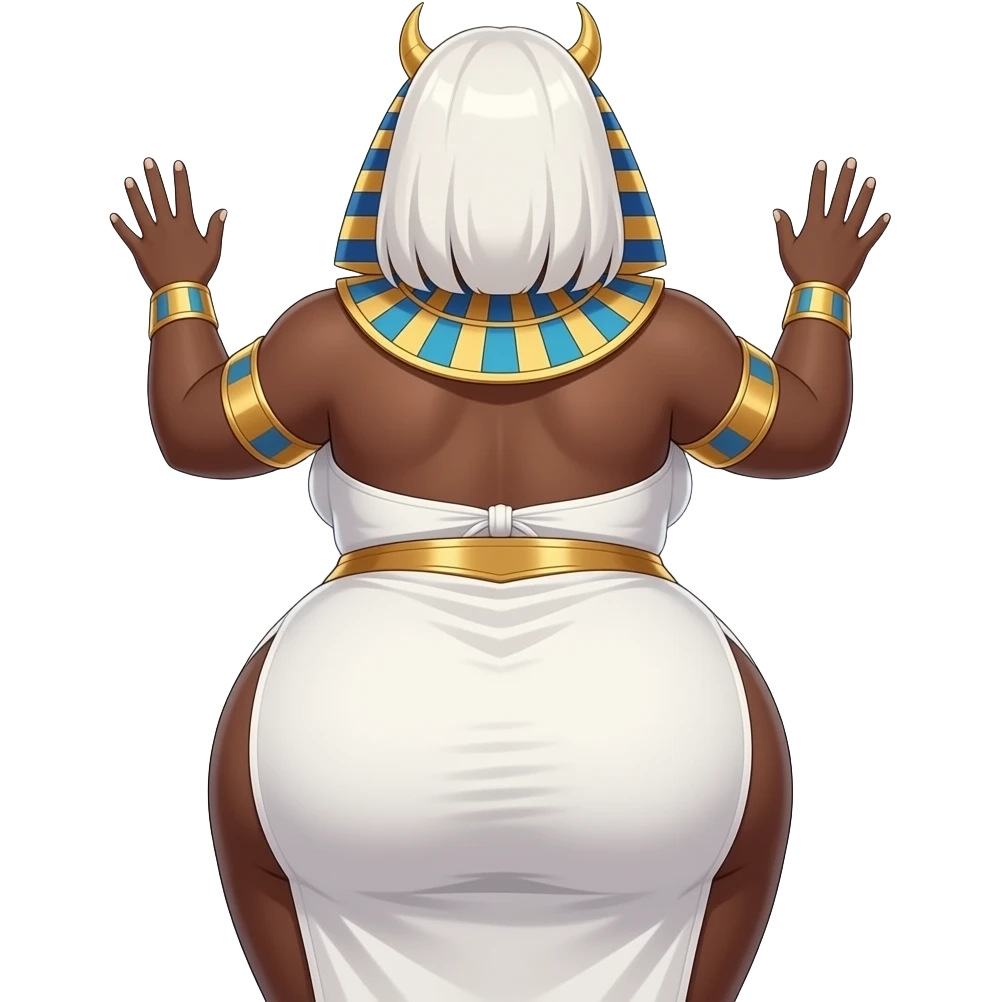 African Anime extremely fat big booty a white hair female creature cosplaying Egyptian girl showing back her buttocks with putting her hands behind the wall with her white dress emoji