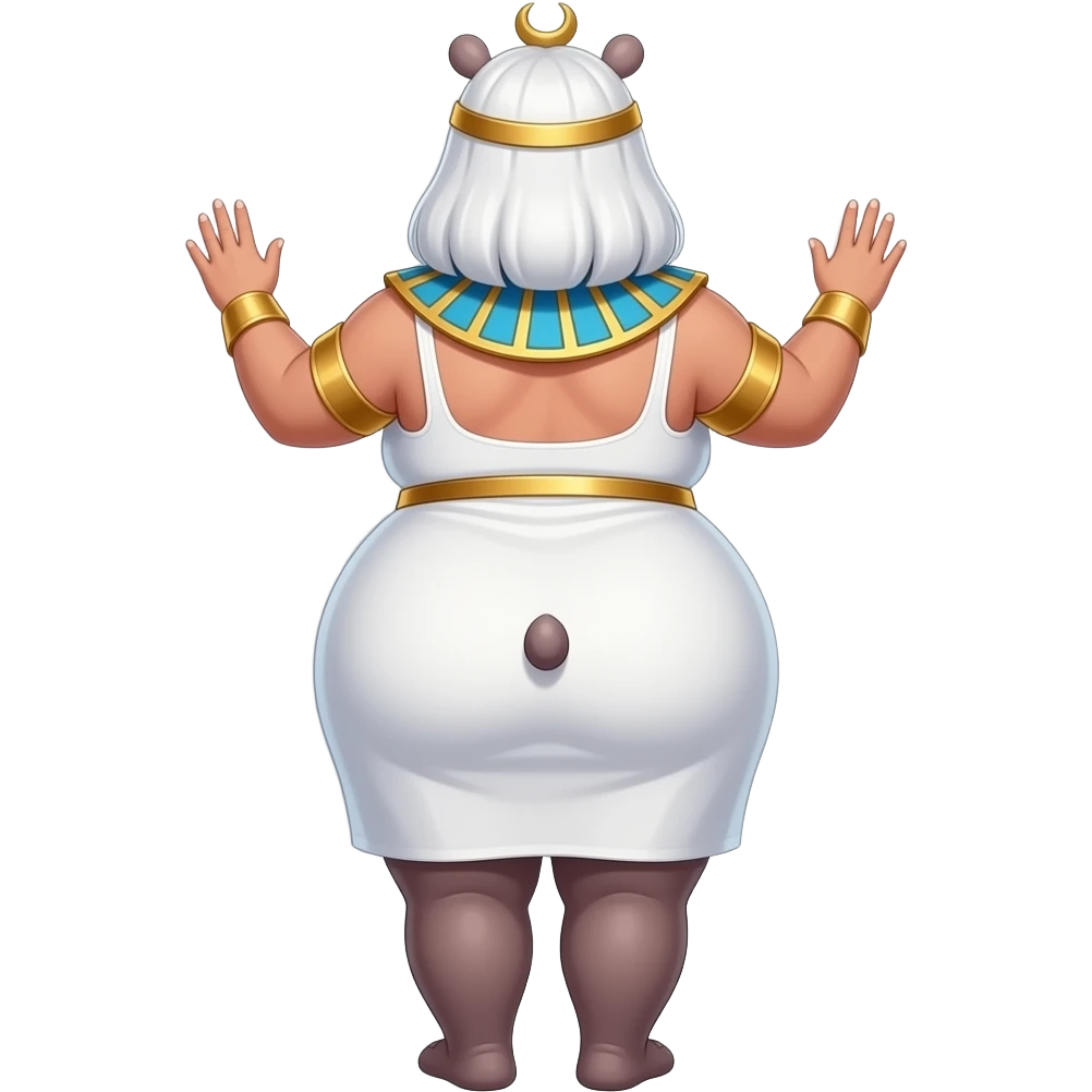 Anime extremely fat big booty a white hair female hippo cosplaying Egyptian girl showing back its buttocks with putting its hands behind the wall with a white dress emoji