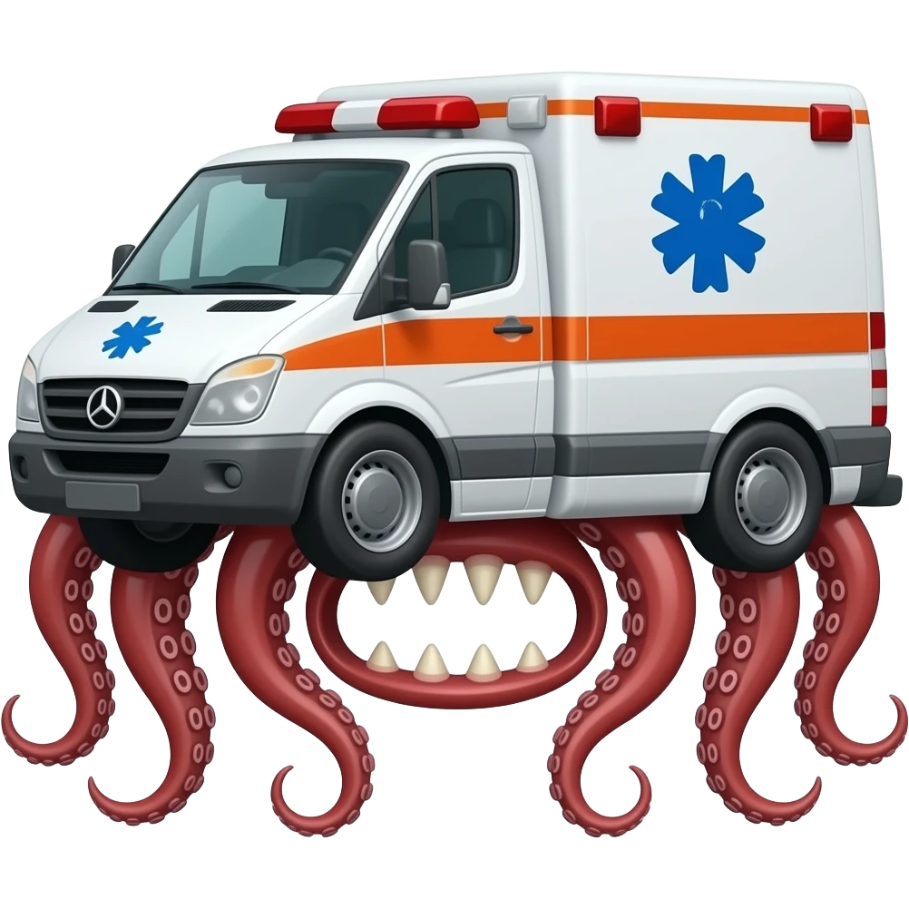 White Ambulance body with seven octopus legs horror mouth hybrid emoji