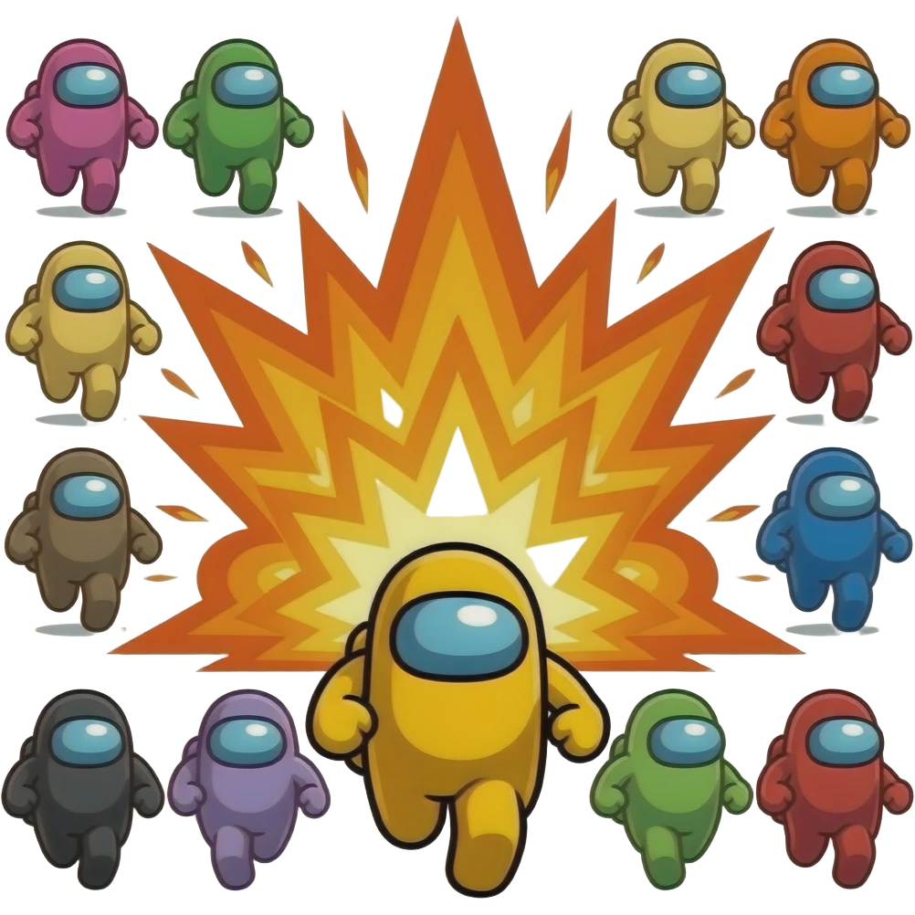 Among us com 100 jogadores correndo de uma explosão emoji