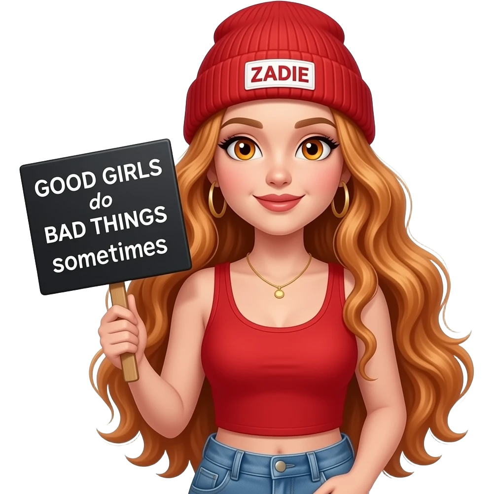 sexy girl with overlong wavy ginger hair and ginger eyes wearing a red tanktop and a red beanie with ZADIE written on it, is holding a black sign with GOOD GIRLS do BAD THINGS sometimes written on it emoji