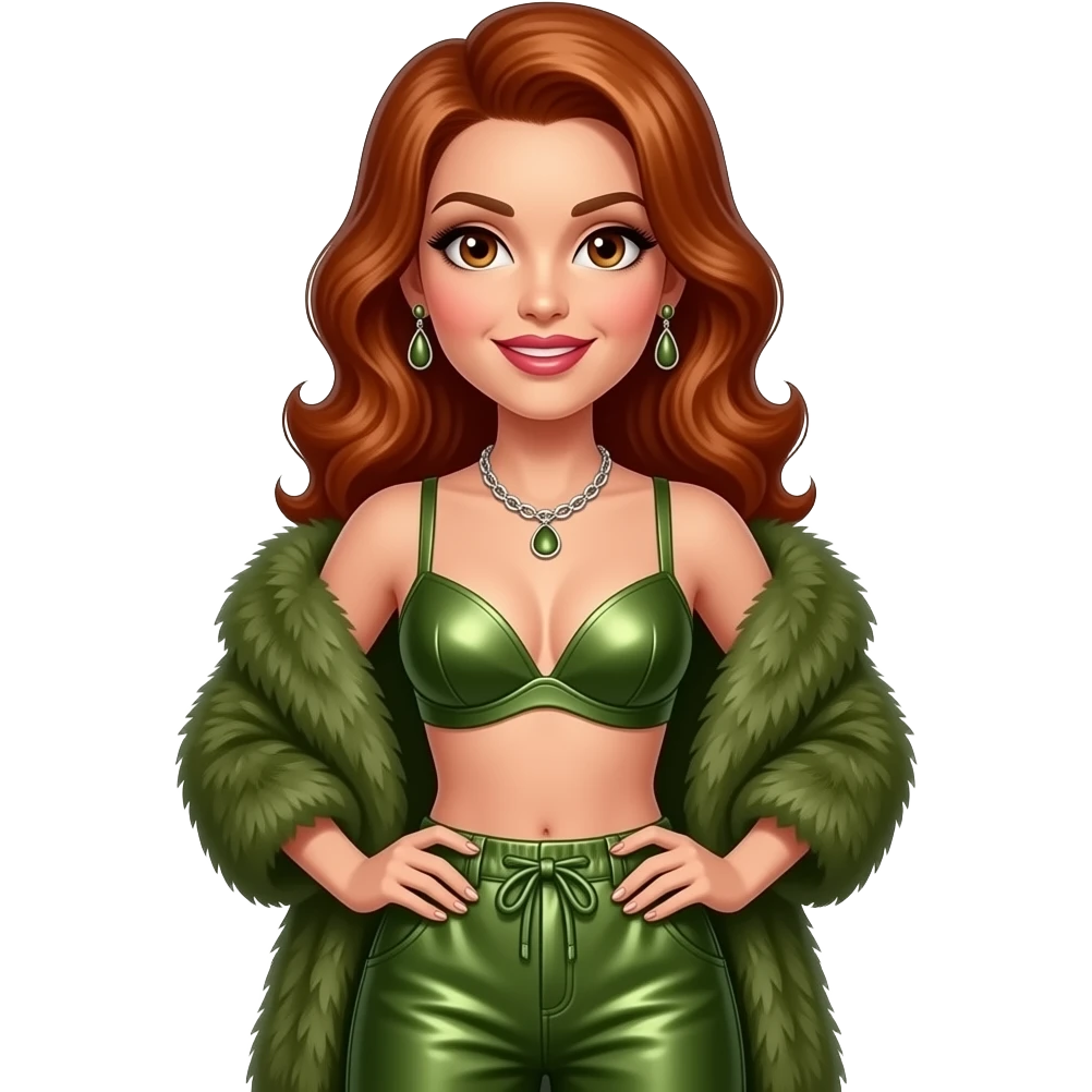 LaVerne Andrews from The Andrews Singers with brown eyes, long red pin-up hair, olive fur shawl, olive metallic bra, olive metallic baggy pants, necklace and earrings emoji