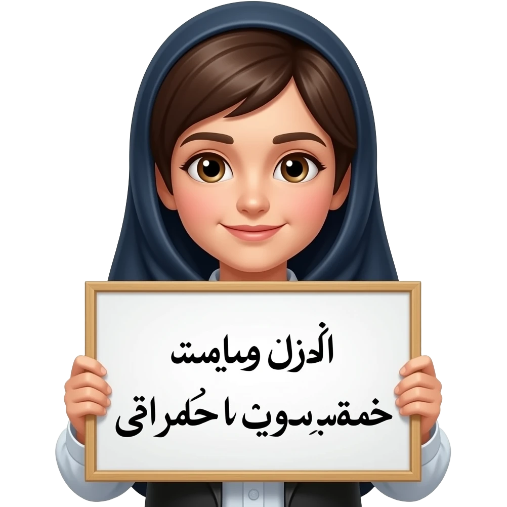 دختری ایرانی باموی باز و تابلو بدست که رویش نوشته مرگ بر خامنه ای emoji