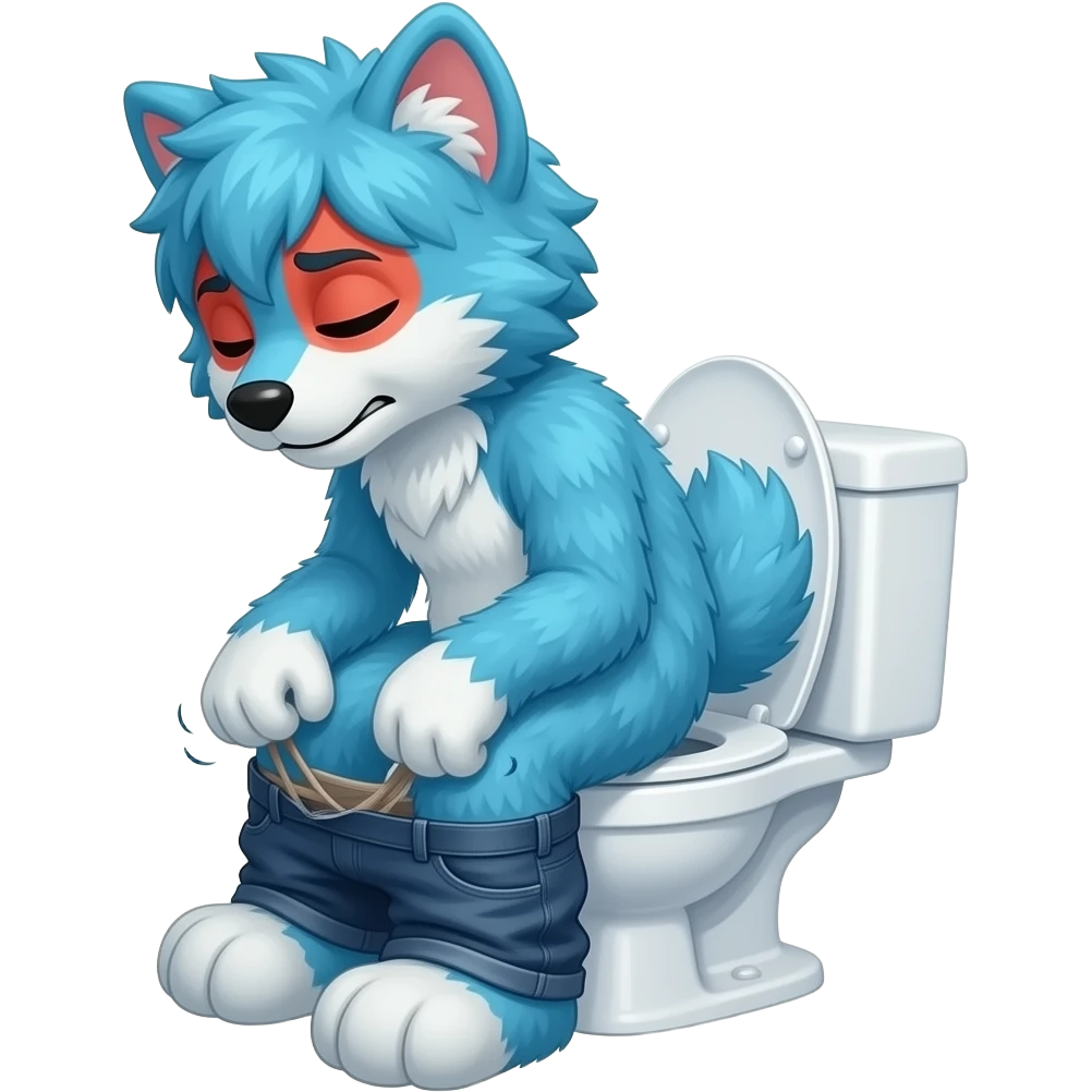 blue fursuit sitting on toilet, side view , pants down, pushing, eyes closed, straining face,  uncomfortable, red face emoji