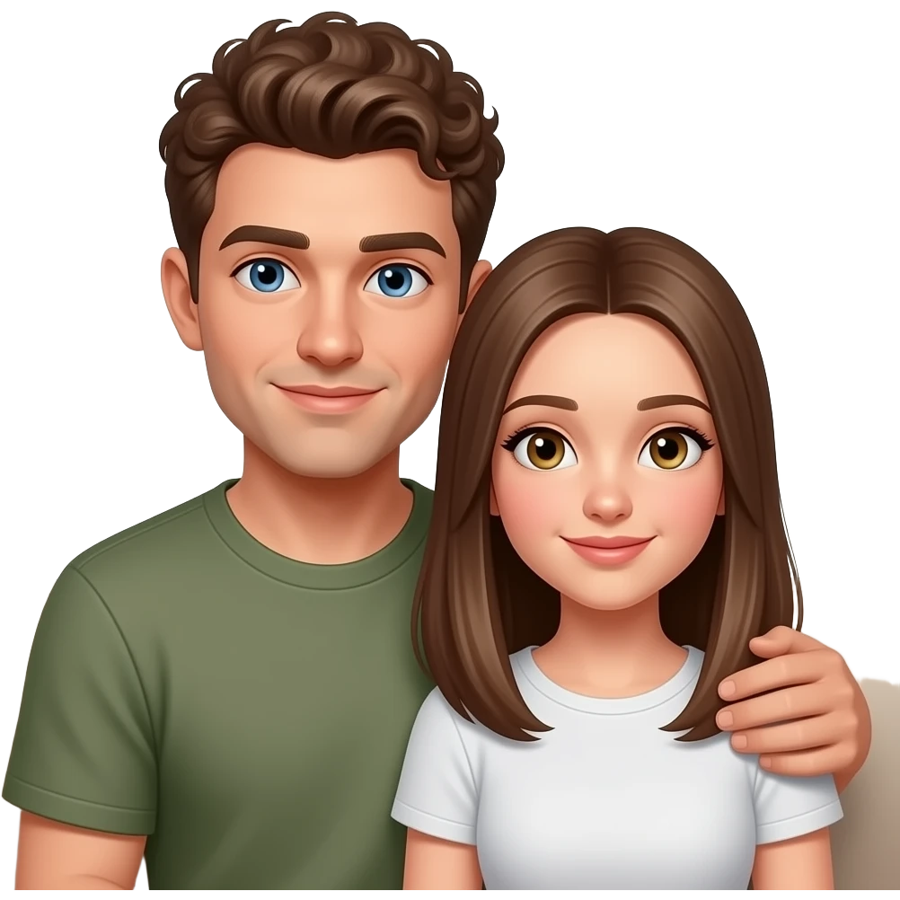 Realistic white man brown super short curly hair cuddling with realistic white girl brown straight hair on couch emoji