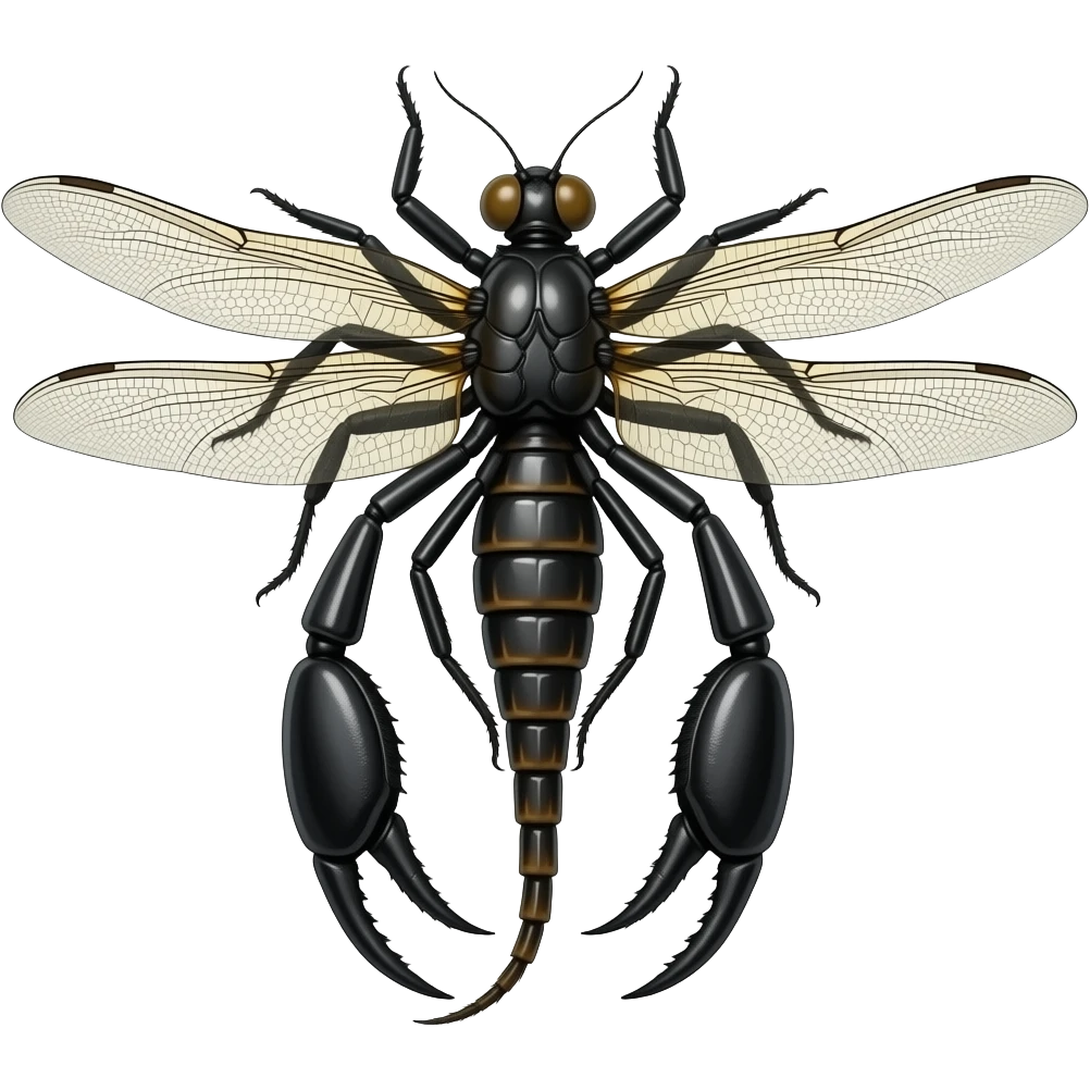 a black widow spider body with dragonfly wings, a scorpion tail and pinchers, and a praying mantis head, insectoid fusion, realistic, emoji