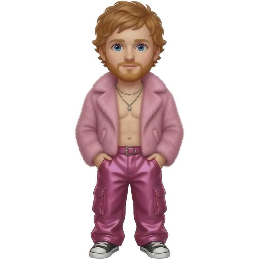 Ed Sheeran with blue eyes, red hair, pink fur coat, hot pink metallic baggy pants, shirtless with necklace emoji