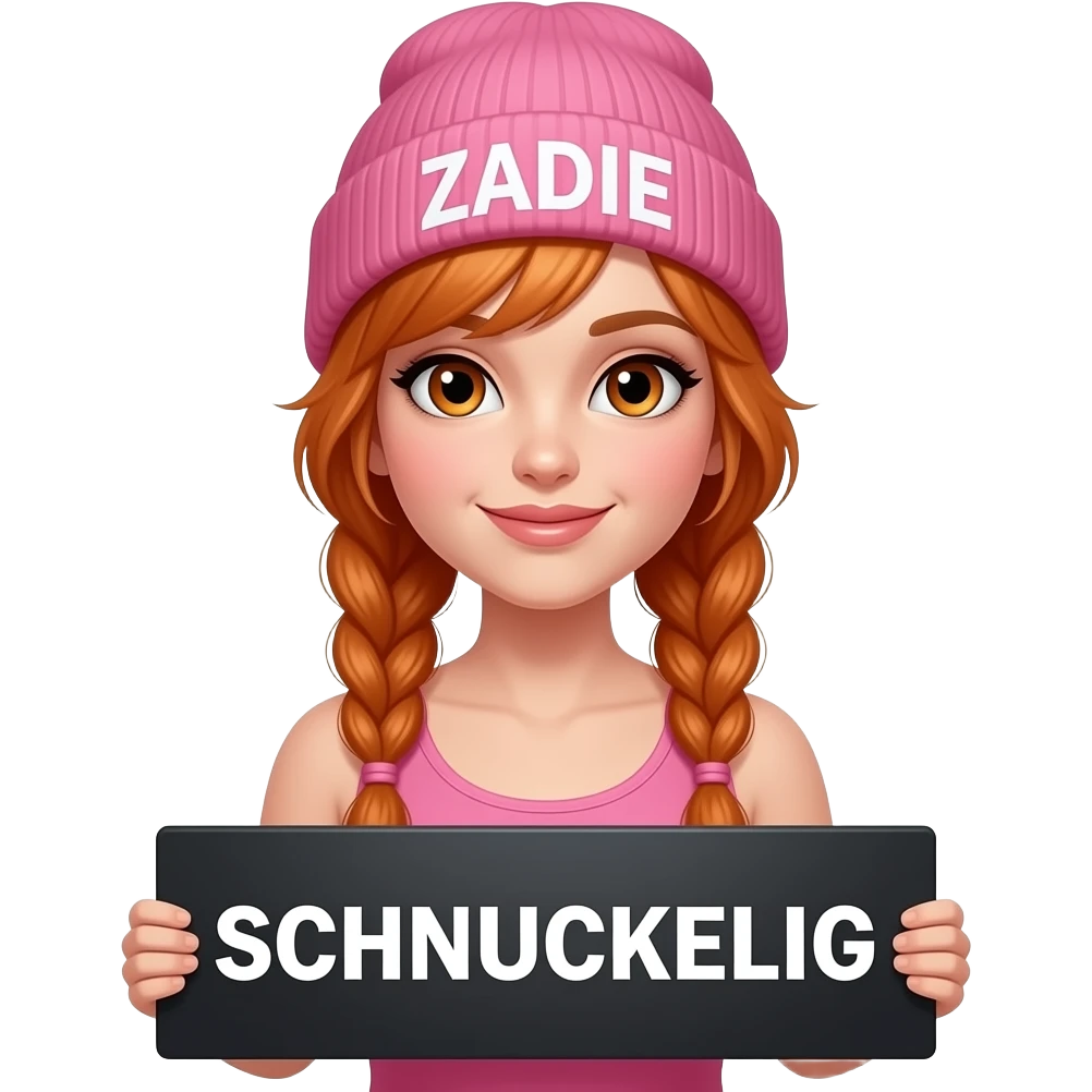 sexy girl with overlong ginger braids and ginger eyes wearing a pink tanktop and a pink beanie with ZADIE written on it, is holding a black sign with SCHNUCKELIG written on it emoji