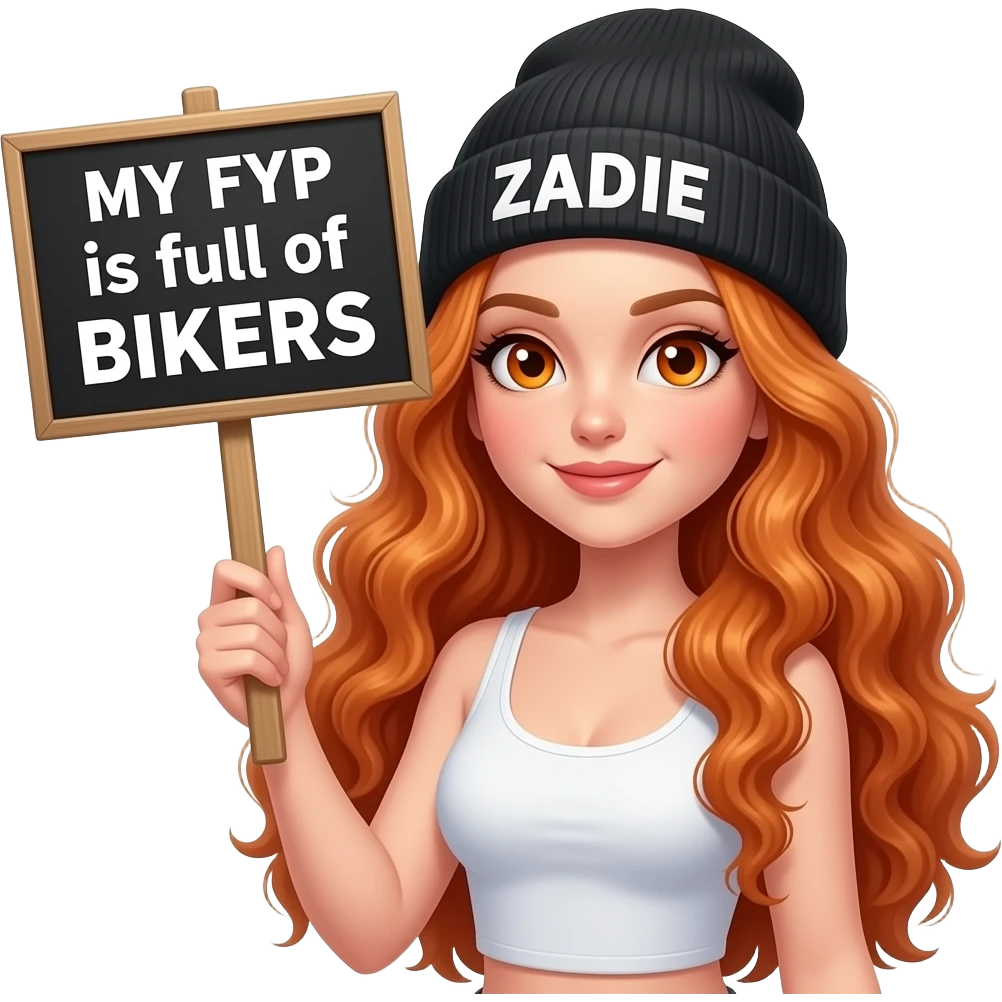 sexy girl with overlong wavy ginger hair and ginger eyes wearing a white tanktop and a black beanie with ZADIE written on it, is holding a black sign with MY FYP is full of BIKERS written on it emoji