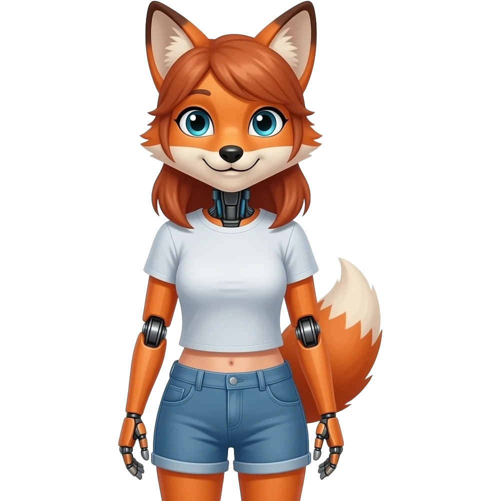 A humanoid robot female fox wearing a tee shirt and shorts emoji