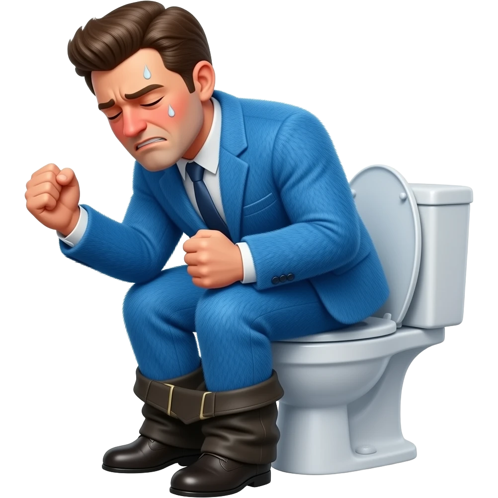 blue fursuit sitting on toilet, pants down, side view , both fists , uncomfortable, squeezing, straining, sweating, red cheeks, eyes closed emoji