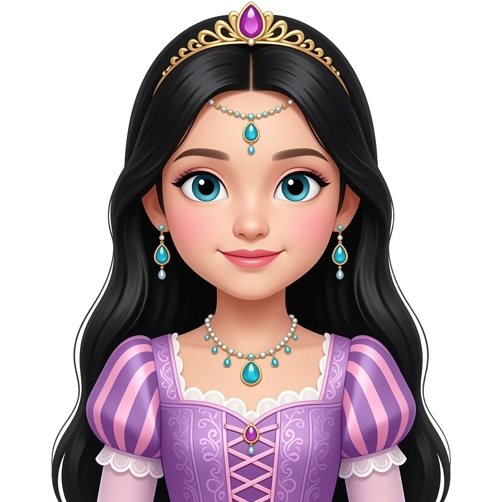 A 11 year old Chinese girl long black hair like repunzel wearing make up in a fancy dress and wearing a lot of jewellery emoji