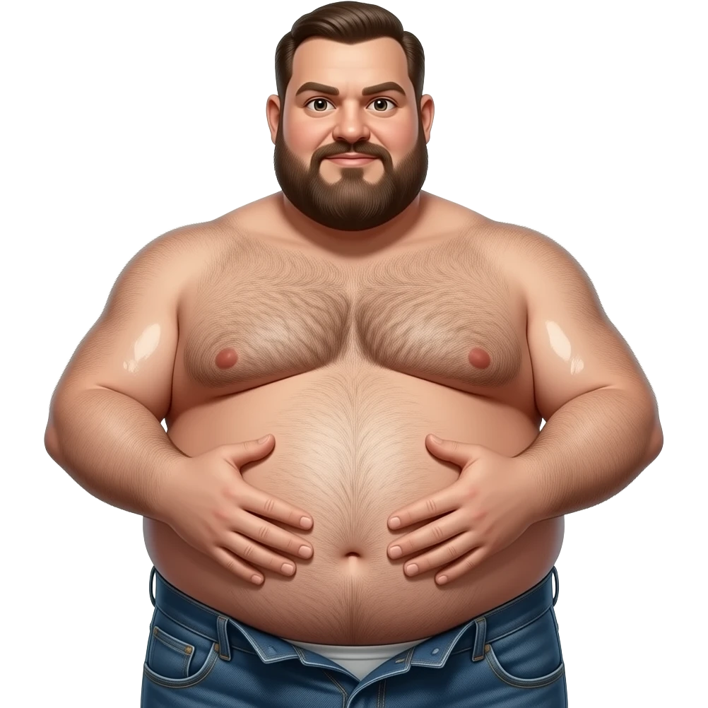 Nahaufnahme eines sehr fetten behaarten Mannes der nur eine offene Jeans trägt. Seine Haut ist ölig glänzen und er hält mit beiden Händen von unten sein dicken runden Bauch fest emoji