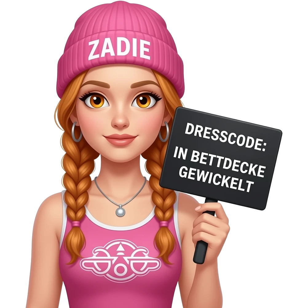 sexy girl with overlong ginger braids and ginger eyes wearing a pink tanktop and a pink beanie with ZADIE written on it, is holding a black sign with DRESSCODE: IN BETTDECKE GEWICKELT written on it emoji
