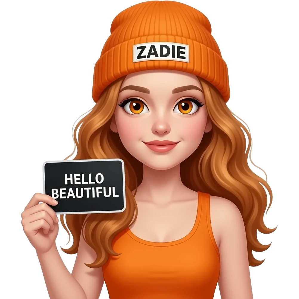 sexy girl with overlong wavy ginger hair and ginger eyes wearing a orange tanktop and a orange beanie with ZADIE written on it, is holding a black sign with HELLO BEAUTIFUL written on it emoji