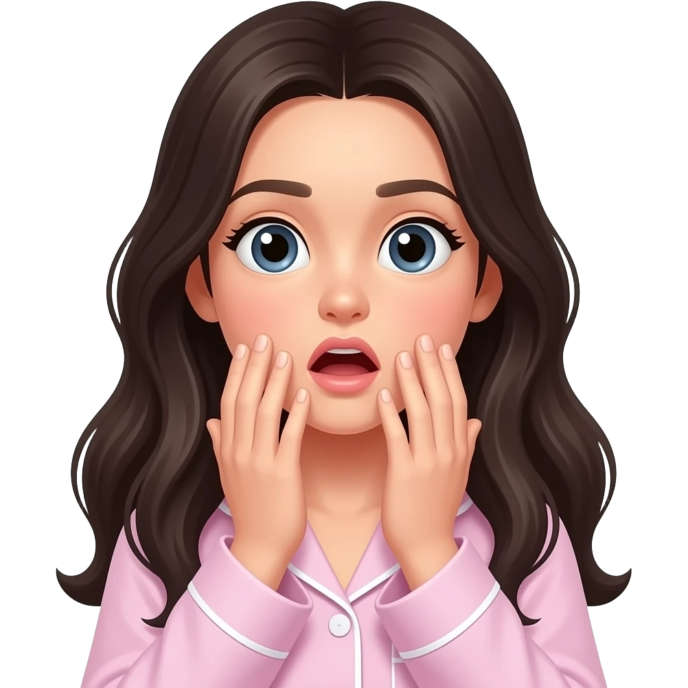teenage girl long hair shocked, mouth covered by hands in pjs emoji