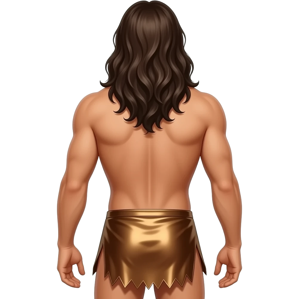 Tarzan from behind with long hair, bronze metallic loincloth emoji