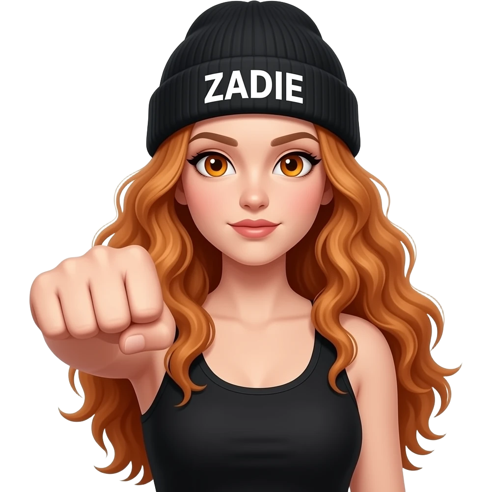 sexy girl with overlong wavy ginger hair and ginger eyes wearing a black tanktop and a black beanie with ZADIE written on it,  is hitting to the front emoji