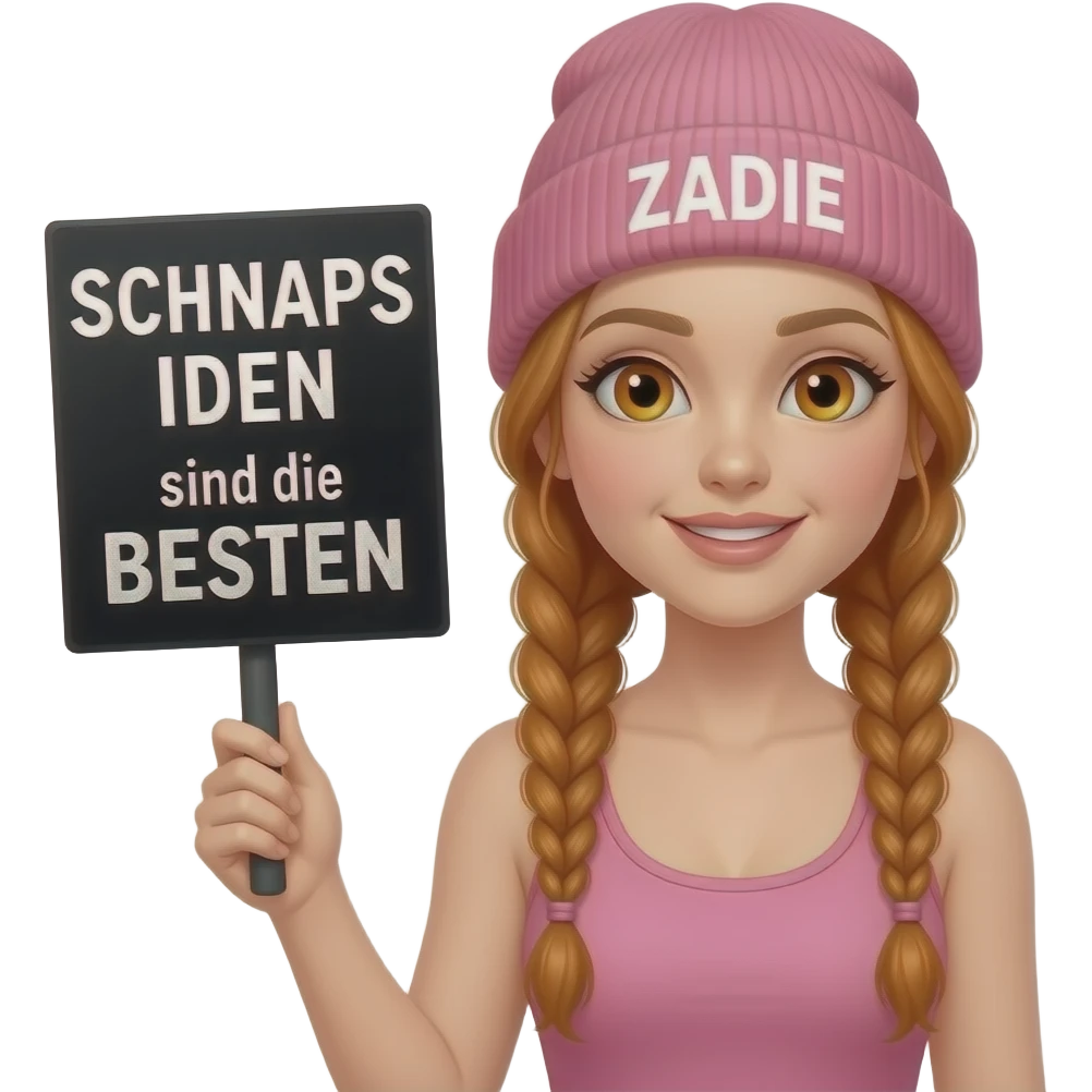 sexy girl with overlong ginger braids and ginger eyes wearing a pink tanktop and a pink beanie with ZADIE written on it, is holding a black sign with SCHNAPS IDEEN sind die BESTEN written on it emoji