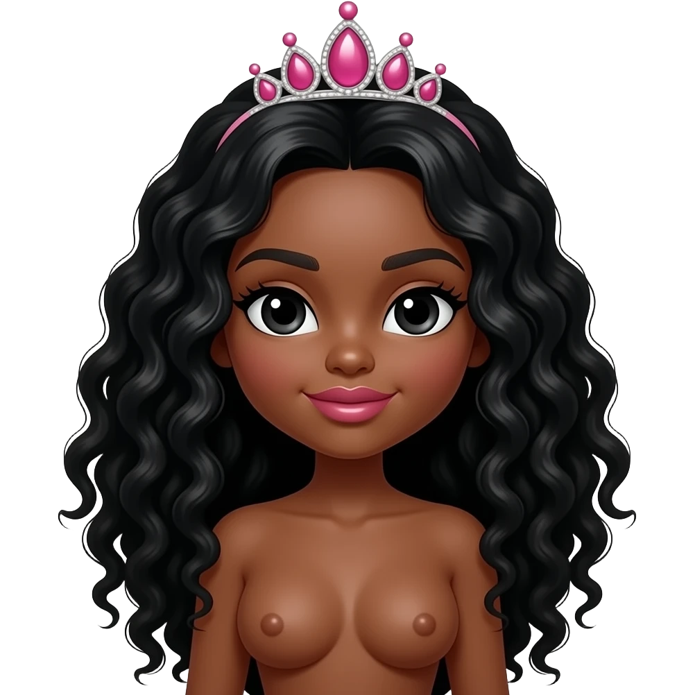 big lips, pink tiara, doll eyes, Doll, big chest, dark brown skin, with middle part curly long black hair, black cute eyes, with cute lip, without no bra emoji