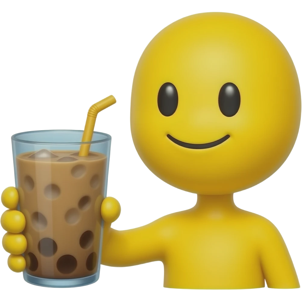 iOS Apple emoji style, glossy yellow cheerful head holding tall iced coffee glass with yellow hand emoji