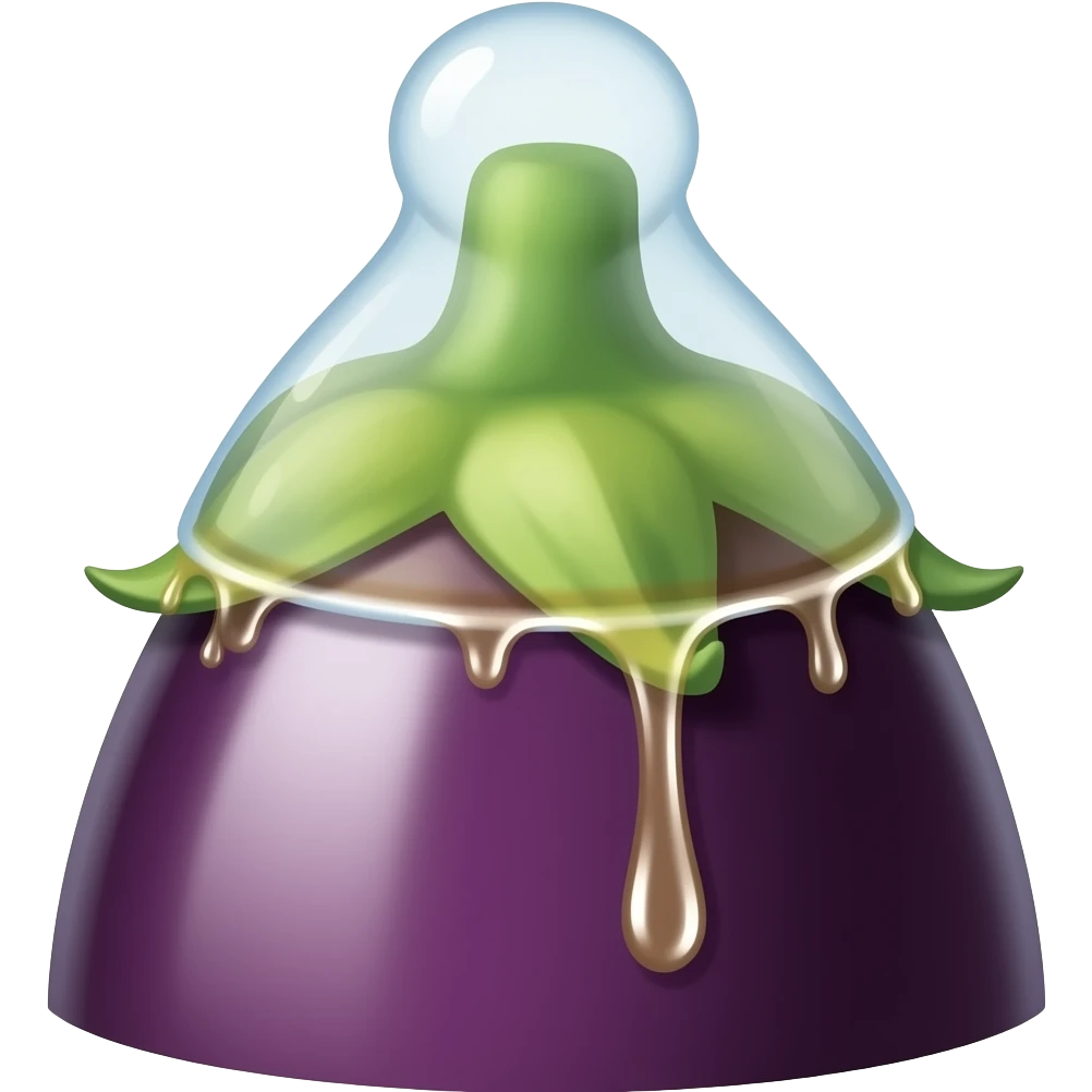 Über die runde Spitze einer Aubergine ist ein Kondom drüber gezogen, es ist glänzend, und tropft an der spitze runter emoji