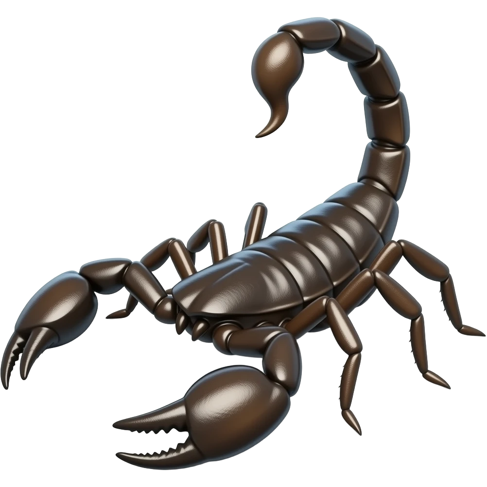 A 3D cartoon scorpion with shiny dark body and curled tail,8 legs, emoji
