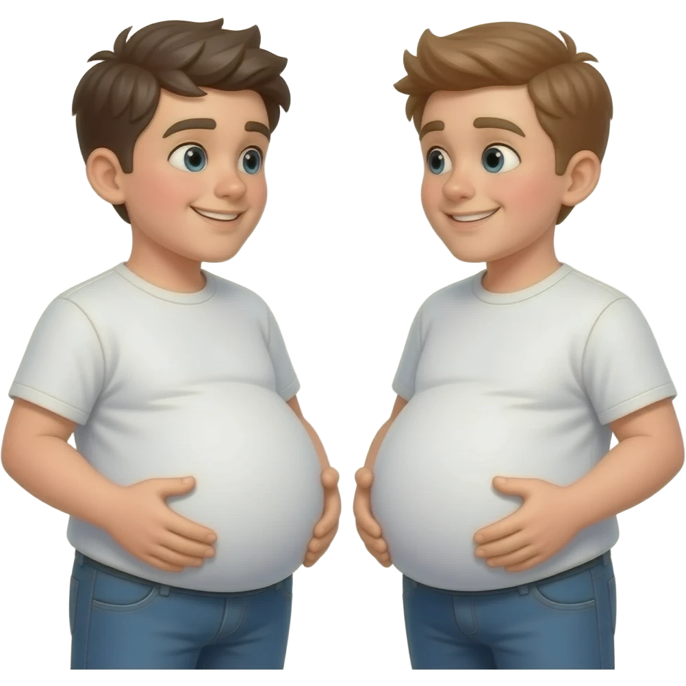 2 Chłopaki mają 16 lat z dużymi brzuchami te brzuchy mają kształty w piłkę i rozmawiają emoji
