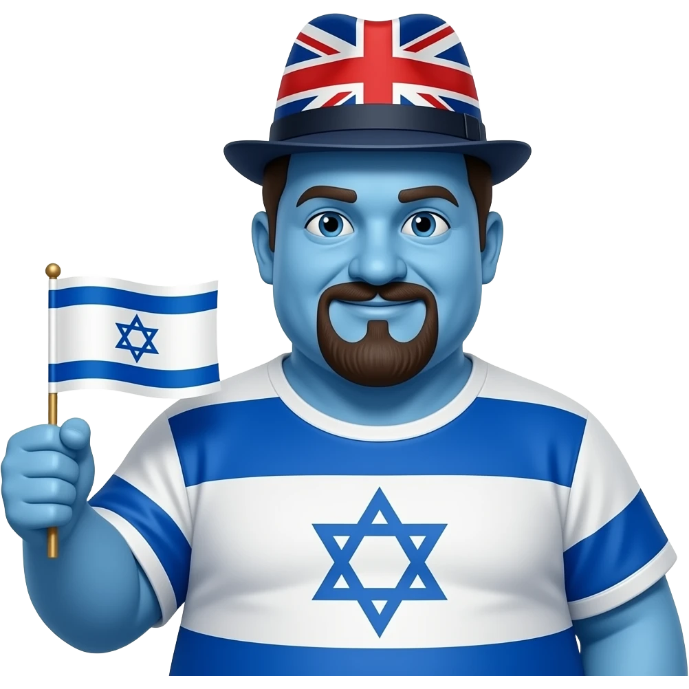 proud obese fat blue skinned israeli man wearing a british flag-colored fedora and holding a flag of israel in his hand emoji