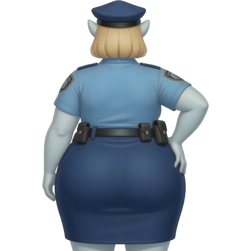 Anime extremely fat big booty a white female creature cosplaying police woman showing back her buttocks with her long fabric dark blue dress and her right hand touch’s her buttstock emoji