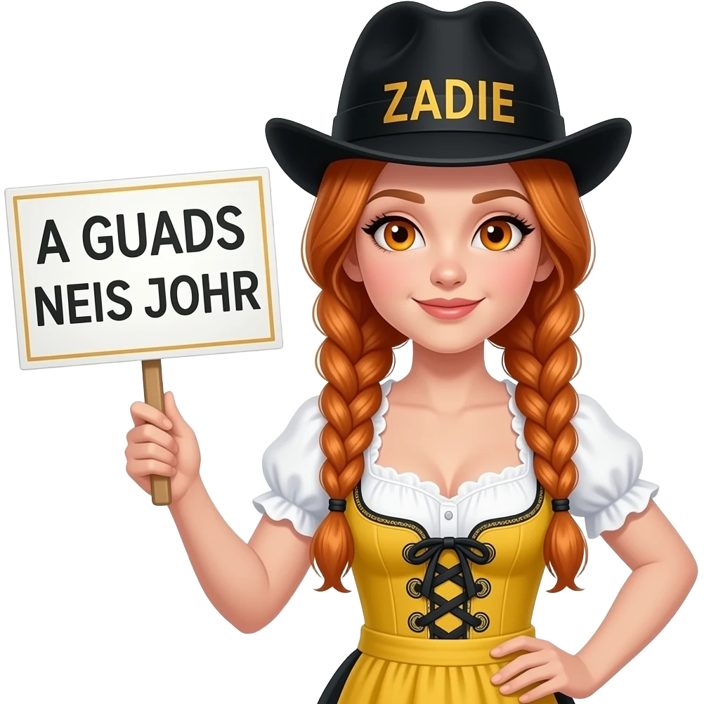 sexy girl with overlong ginger braids and ginger eyes wearing a yellow dirndl and a black bavarian hat with ZADIE written on it, is holding a sign with A GUADS NEIS JOHR written on it emoji