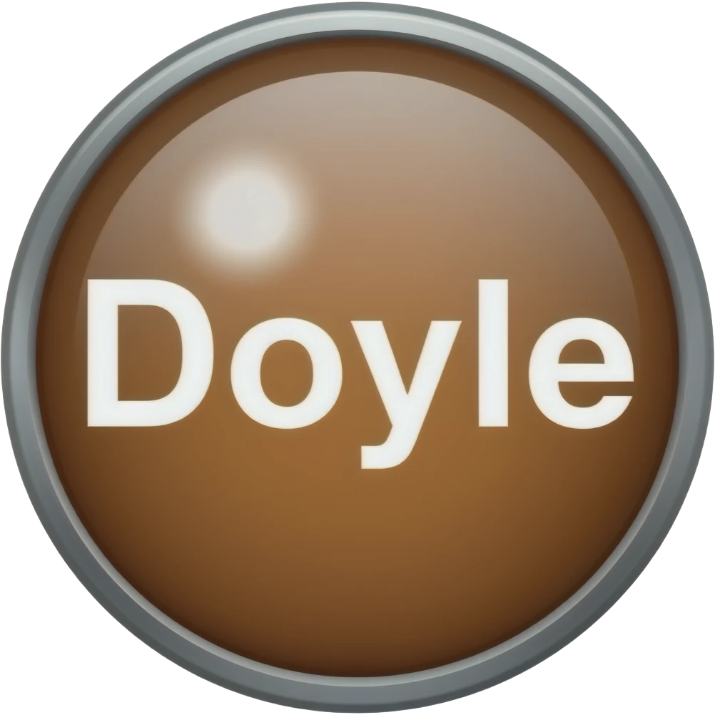 button that says "doyle" in white text glossy button circle with shine. brown color emoji