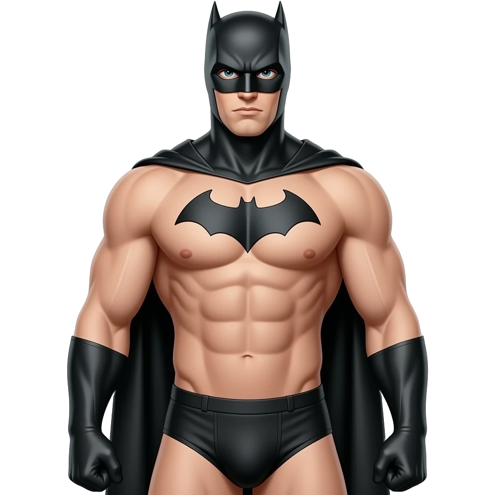 full body male superhero clothless figure with muscular build in thin, narrow superhero underwear with bulge and mask and cape emoji