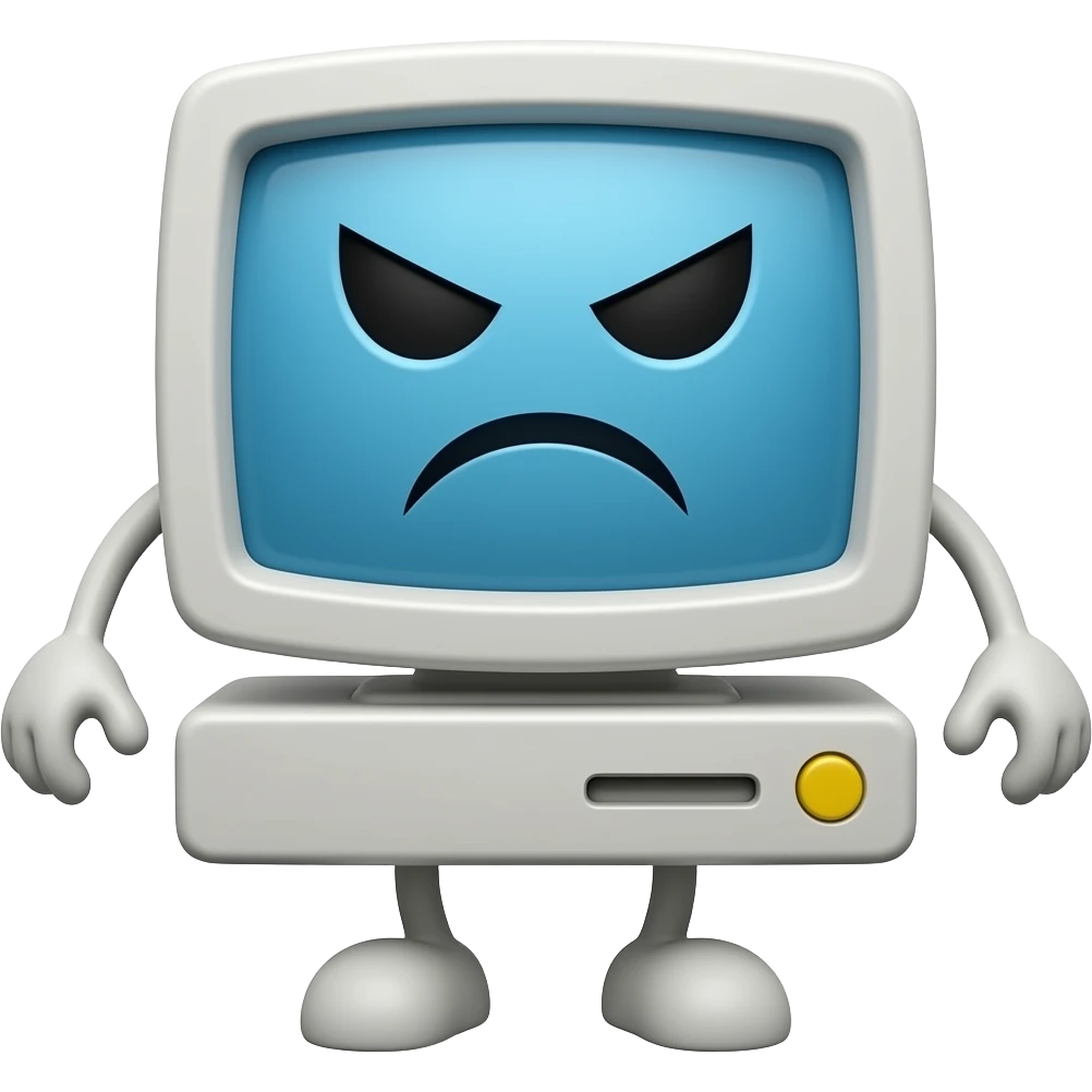 a computer with a evil face and hands and legs emoji