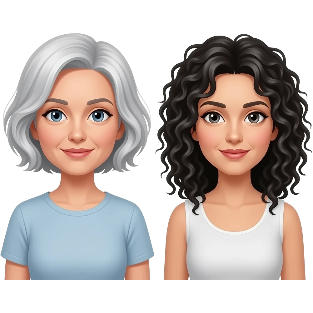 Emoji of 2 women 1 white middle aged with very short and floppy grey hair and 1 Lebanese with wild curly black/grey hair who are married emoji