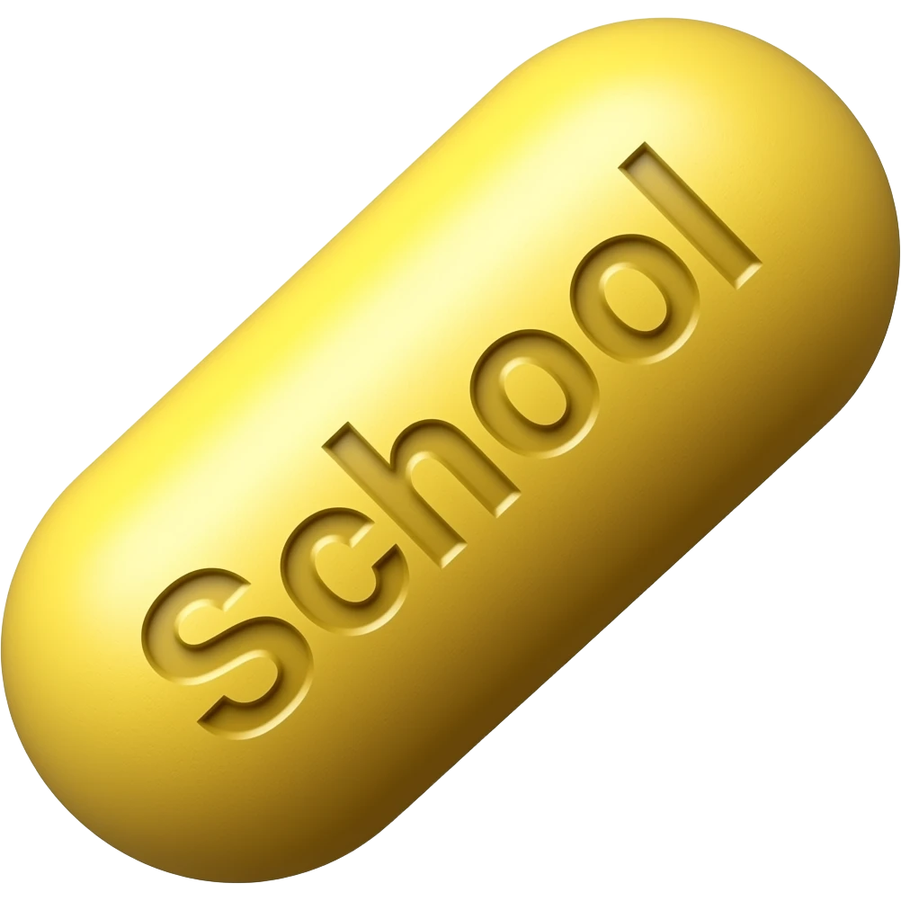 A yellow solid oblong pill with "School" engraved in it at a 45 degree angle emoji