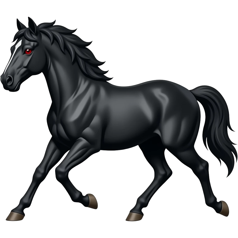 Make a runnig black horse with red eye emoji