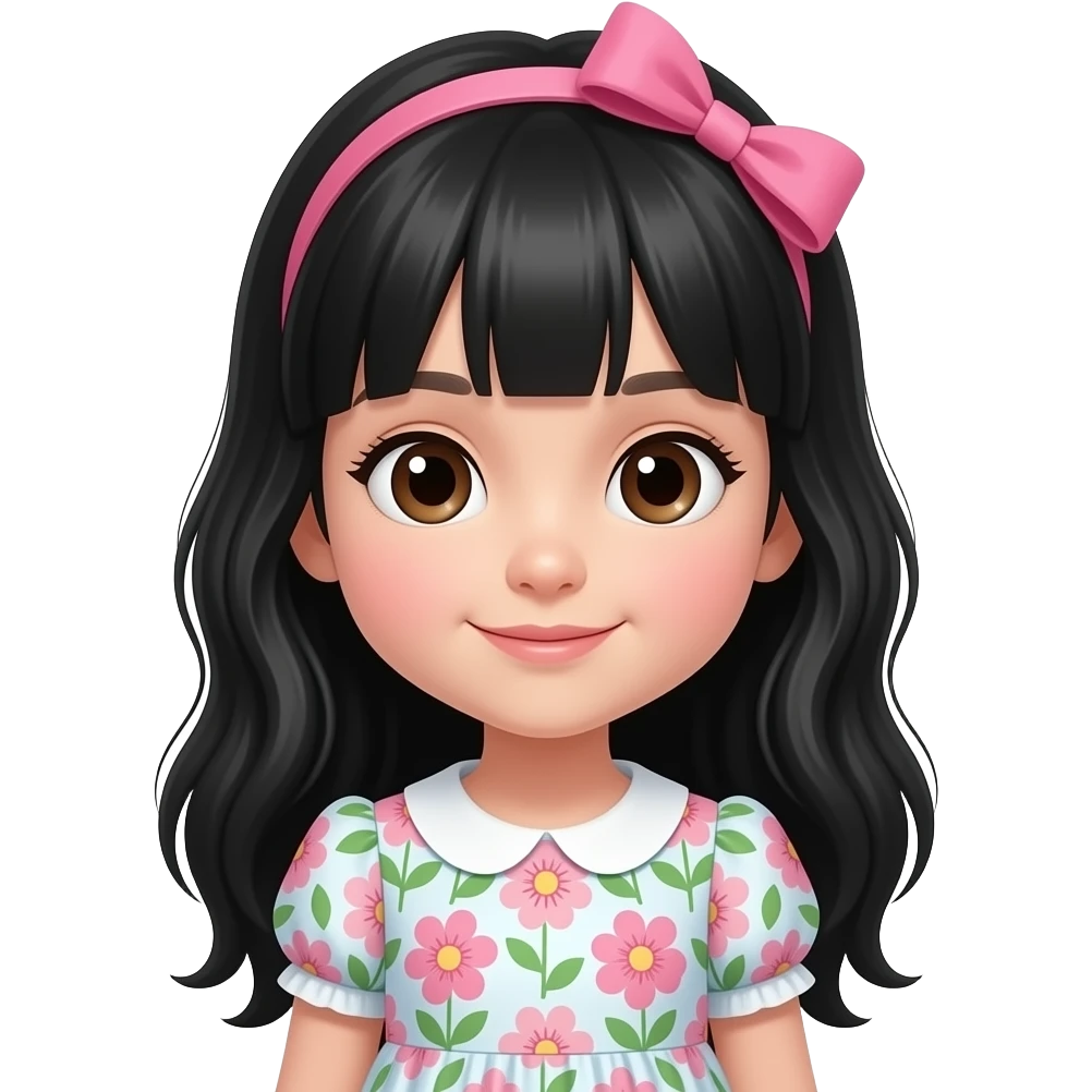 فتاة صغيرة بشعر اسود طويل و غرة و عينان بنيتان ترتدي فستانا زهريا و ربطتا  شعر باللون الوردي مباسمة emoji